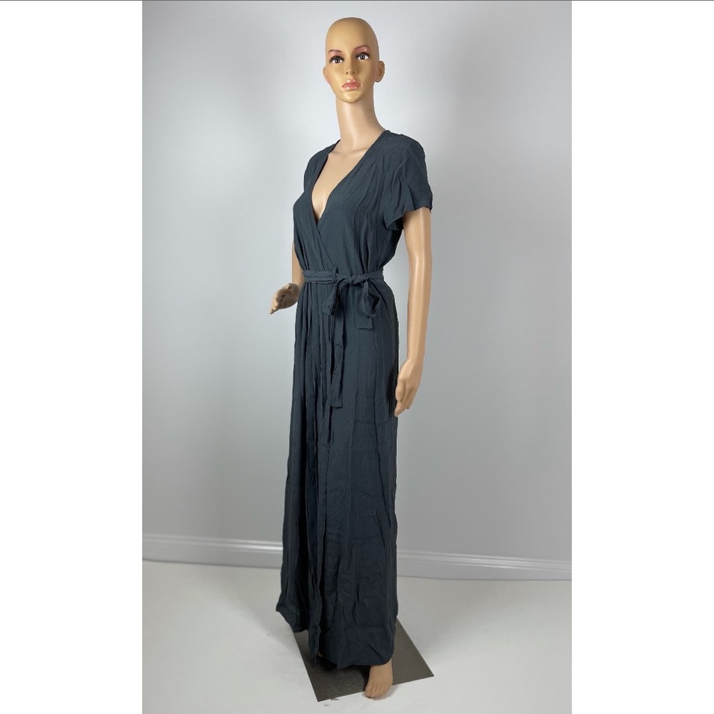 Dark Grey V-neck Tie-front Short Sleeve Wrapped Maxi Dress